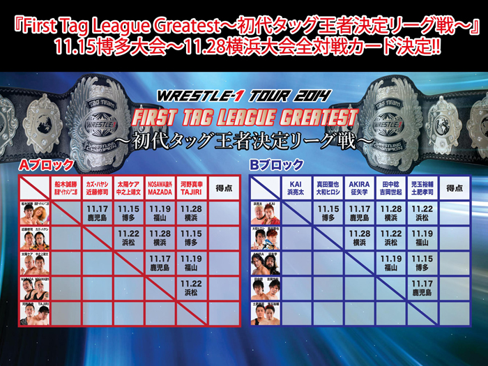 「WRESTLE-1 TOUR 2014 First Tag League Greatest ～初代タッグ王者決定リーグ戦」11/15博多大会～11/28横浜大会全対戦カード決定のお知らせ